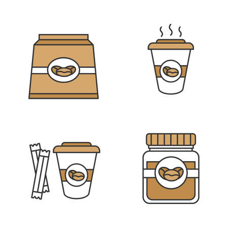 Coffee color icons set. Coffee paper pack, glass jar and hot drink with sugar.のイラスト素材