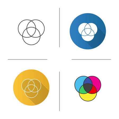 Cmyk or rgb color circles icon. Venn diagram. Overlapping circles. Flat design, linear and color styles.