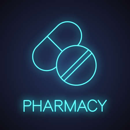 Pills neon light icon. Medications. Glowing sign.のイラスト素材