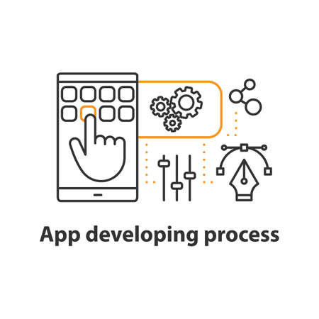 App development process concept icon. Product creation, testing and launching idea thin line illustration.のイラスト素材