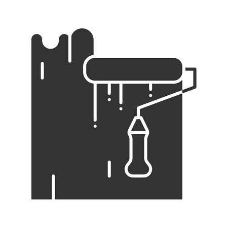 Paint roller dyeing wall glyph icon. Silhouette symbol. Interior design. Negative space.のイラスト素材