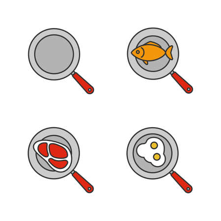 Frying pans color icons set. Fried fish, eggs and meat steak.のイラスト素材