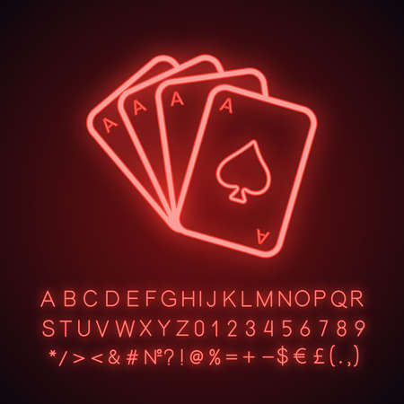 Four aces neon light icon. Playing cards. Glowing sign with alphabet, numbers and symbols. Vector...