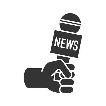Journalist holding microphone glyph icon. Interviewing. Television reporting. Silhouette symbol. Negative space. Vector isolated illustrationのイラスト素材