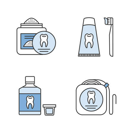 Dentistry color icons set. Stomatology. Tooth powder, dental floss, mouthwash, toothpaste and toothbrush. Isolated vector illustrationsのイラスト素材
