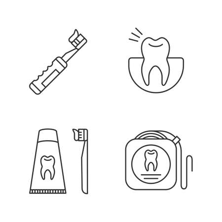 Dentistry linear icons set. Stomatology. Toothache, electric toothbrush with toothpaste, dentifrice, dental floss. Thin line contour symbols. Isolated vector outline illustrationsのイラスト素材