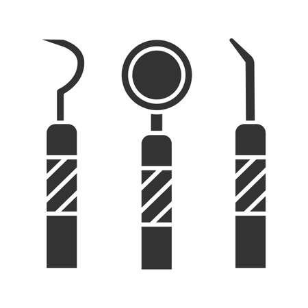 Dental instruments glyph icon. Mouth mirror, dental probe and dentist's excavator. Silhouette symbol. Negative space. Vector isolated illustrationのイラスト素材