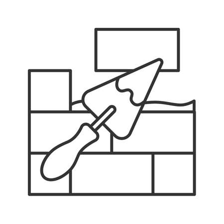 Brick wall with triangular shovel linear icon. Thin line illustration. Putty knife, spatula. Cement solution. Contour symbol. Vector isolated outline drawingのイラスト素材