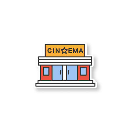 Cinema building patch. Movie theatre. Color sticker. Vector isolated illustrationのイラスト素材