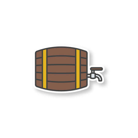 Alcohol wooden barrel patch. Bar and pub sign. Whiskey, beer or rum barrel with tap. Color sticker. Vector isolated illustrationのイラスト素材