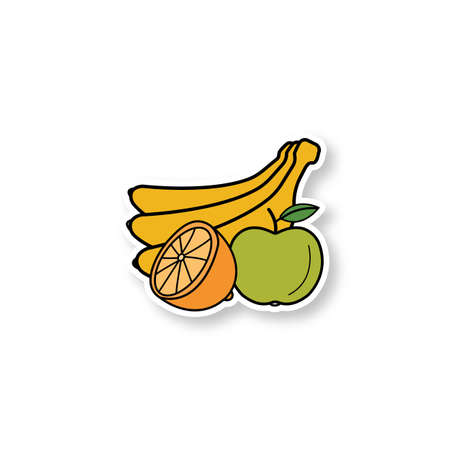 Fruits patch. Banana, orange and apple. Still life. Color sticker. Vector isolated illustrationのイラスト素材