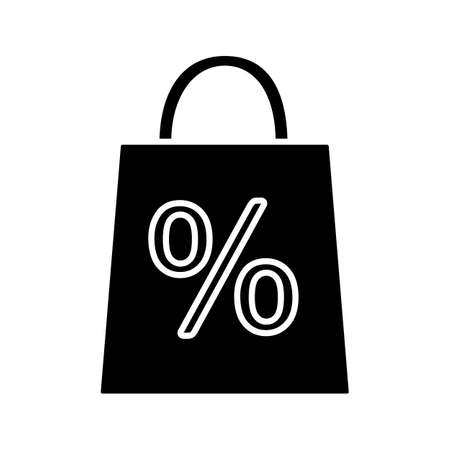 Shopping bag with percent glyph icon. Discount offer. Sales percentage. Silhouette symbol. Negative space. Vector isolated illustrationのイラスト素材