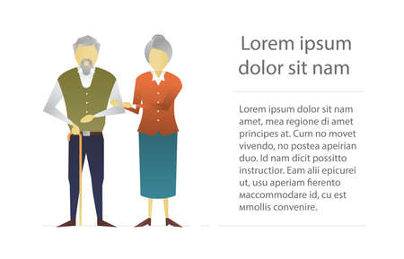 Elderly couple flat character design. Old woman and man with walking stick. Grandmother and grandfather with cane. Vector isolated illustrationのイラスト素材