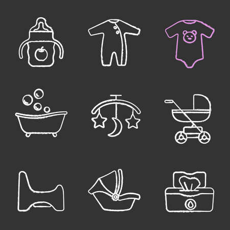 Childcare chalk icons set. Sippy cup, romper, bodysuit, bathtub, bed carousel, baby carriage, potty chair, car seat, wet wipes. Isolated vector chalkboard illustrationsのイラスト素材