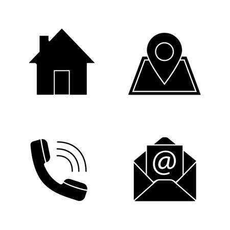 Information center glyph icons set. Homepage, GPS navigation, incoming call, email. Silhouette symbols. Vector isolated illustrationのイラスト素材