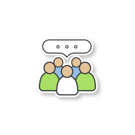 Discussion patch. Business meeting. Group conference. Color sticker. Vector isolated illustrationのイラスト素材