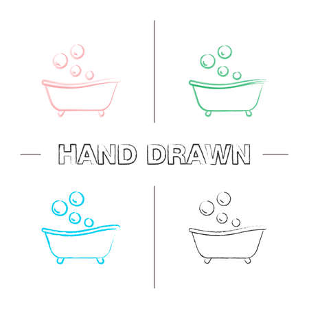 Baby bathtub hand drawn icons set. Taking bath. Color brush stroke. Isolated vector sketchy illustrationsのイラスト素材