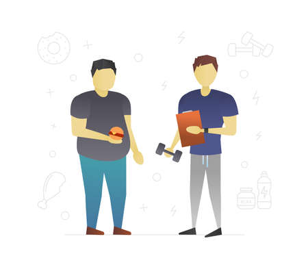 Fat man with personal trainer flat character design. Losing weight. Overweight, obesity problem. Vector isolated illustrationのイラスト素材
