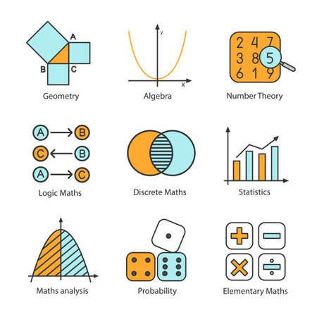 Mathematics color icons set. Algebra and geometry. Logic, discrete, elementary maths, statistics, number and probability theories. Isolated vector illustrationsのイラスト素材