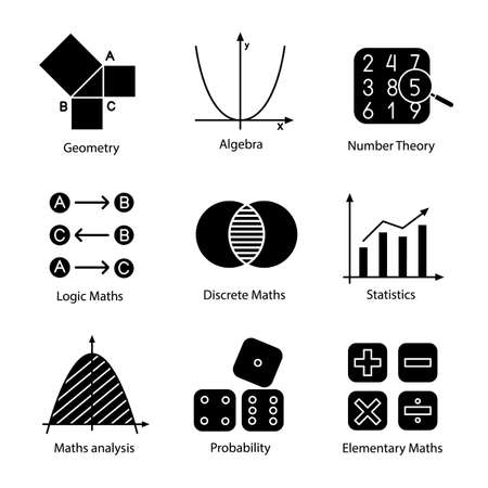 Mathematics glyph icons set. Algebra and geometry. Logic, discrete, elementary maths, statistics, number and probability theories. Silhouette symbols. Vector isolated illustrationのイラスト素材
