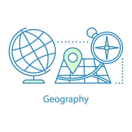 Geography concept icon. Cartography. Traveling. School education idea thin line illustration. Globe, map and compass. Vector isolated outline drawingのイラスト素材