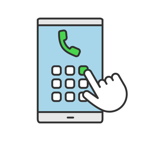 Hand dialing phone number color icon. Smartphone keypad. Isolated vector illustrationのイラスト素材