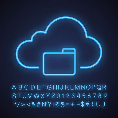 Cloud storage folder neon light icon. Cloud computing. Glowing sign with alphabet, numbers and symbols. Vector isolated illustrationのイラスト素材