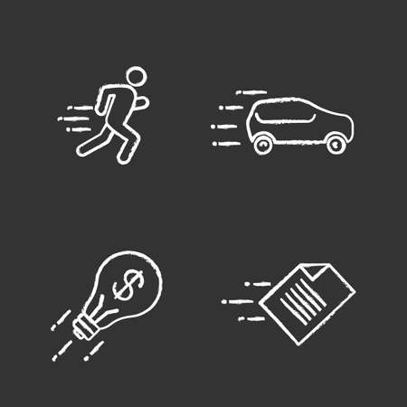 Motion chalk icons set. Speed. Running man, car, flying light bulb and file. Isolated vector chalkboard illustrationsのイラスト素材