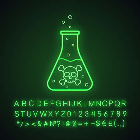 Poison bottle neon light icon. Boiling poisonous liquid with crossbones and bubbles. Glowing sign with alphabet, numbers and symbols. Vector isolated illustrationのイラスト素材