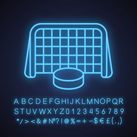 Ice hockey gate and puck neon light icon. Hockey goal. Glowing sign with alphabet, numbers and symbols. Vector isolated illustrationのイラスト素材