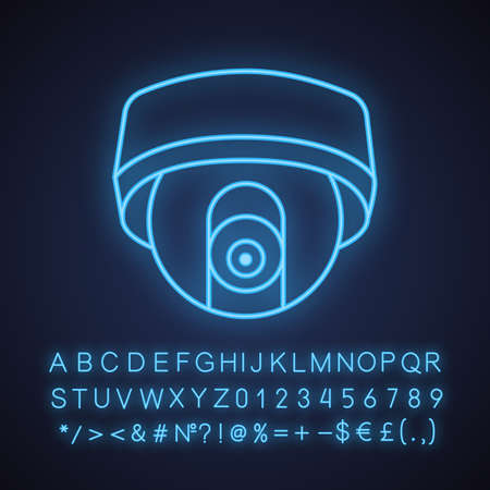 Surveillance camera neon light icon. Security system. Cctv. Glowing sign with alphabet, numbers and...