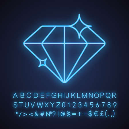 Diamond neon light icon. Shiny brilliant gem. Glowing sign with alphabet, numbers and symbols. Vector isolated illustrationのイラスト素材