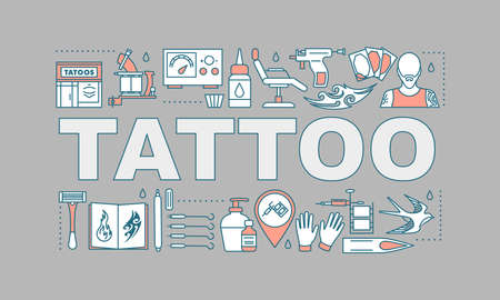 Tattoo studio word concepts banner. Piercing service. Tattoo sketches, instruments, equipment. Isolated lettering typography idea with linear icons. Vector outline illustrationのイラスト素材