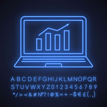 Statistics neon light icon. Laptop display with market growth chart. Analysis. Statistics diagram. Glowing sign with alphabet, numbers and symbols. Vector isolated illustrationのイラスト素材