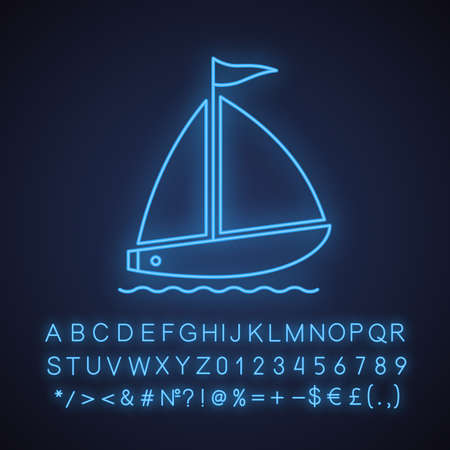 Sailboat neon light icon. Yachting. Glowing sign with alphabet, numbers and symbols. Vector isolated illustrationのイラスト素材