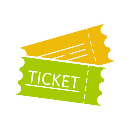 Tickets flat glyph color icon. Cinema, flight or sport event tickets. Silhouette symbol on white...