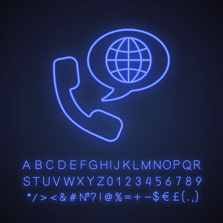 International phone call neon light icon. Handset with globe inside speech bubble. Glowing sign with alphabet, numbers and symbols. Vector isolated illustrationのイラスト素材