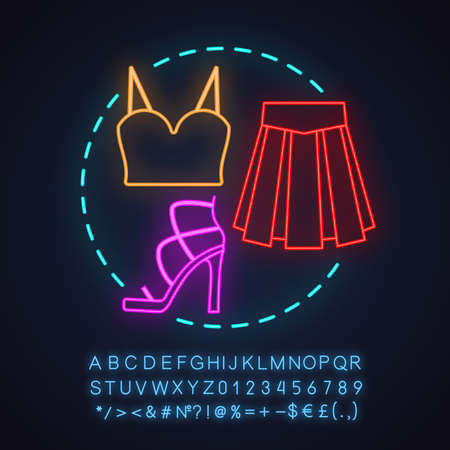 Women's clothes store neon light concept icon. Fashion idea. Crop top, skirt, high heel shoe. Glowing sign with alphabet, numbers and symbols. Vector isolated illustrationのイラスト素材