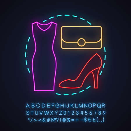 Women's clothes store neon light concept icon. Fashion idea. Evening dress, clutch bag, high heel shoe. Glowing sign with alphabet, numbers and symbols. Vector isolated illustrationのイラスト素材