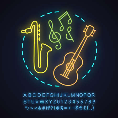 Music store neon light concept icon. Music festival or concert idea. Guitar, saxophone. Glowing sign with alphabet, numbers and symbols. Vector isolated illustrationのイラスト素材