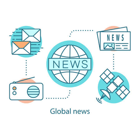 Global news concept icon. Broadcasting idea thin line illustration. Mass media.  Breaking news. Newscast. Vector isolated outline drawingのイラスト素材