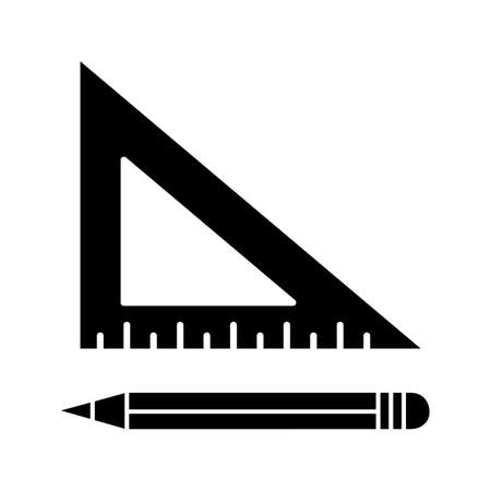 Triangular ruler with pencil glyph icon. Drafting. Silhouette symbol. Negative space. Vector isolated illustrationのイラスト素材