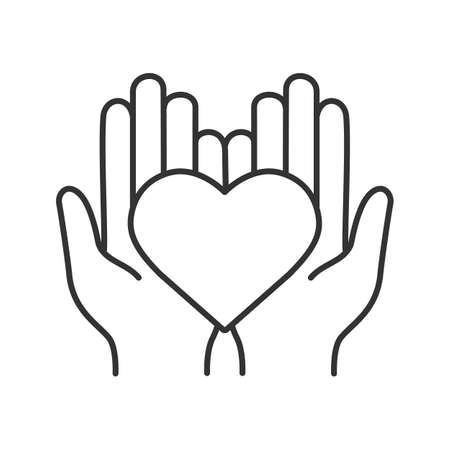 Charity linear icon. Thin line illustration. Life coverage. Medicine and healthcare. Hands holding heart. Contour symbol. Vector isolated outline drawingのイラスト素材