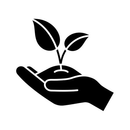 Greening glyph icon. Silhouette symbol. Environment protection. Open hand with sprout. Agriculture. Negative space. Vector isolated illustrationのイラスト素材