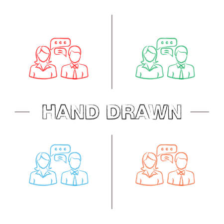 Business chat hand drawn icons set. Online support. Color brush stroke. Work discussions. Job interview. Business conversation. Isolated vector sketchy illustrationsのイラスト素材
