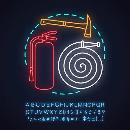 Fire department neon light concept icon. Firefighting idea. Fire extinguisher, hose, axe. Glowing sign with alphabet, numbers and symbols. Vector isolated illustrationのイラスト素材