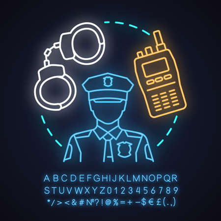 Police force neon light concept icon. Law enforcement idea. Policeman, walkie talkie, handcuffs. Glowing sign with alphabet, numbers and symbols. Vector isolated illustrationのイラスト素材