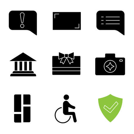 UI/UX glyph icons set. Announcement, aspect ratio, speech bubble, account balance, gift card, camera enhance, dashboard, accessible, secured. Silhouette symbols. Vector isolated illustrationのイラスト素材