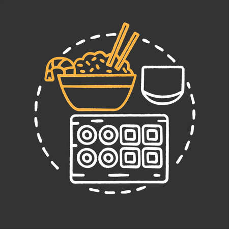 Sushi bar chalk concept icon. Japanese and Chinese cuisine. Fried rice with shrimp, sushi. Restaurant. Wok cafe idea. Vector isolated chalkboard illustrationのイラスト素材