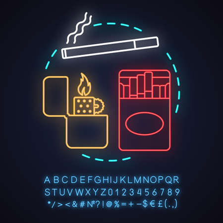 Tobacco smoking neon light concept icon. Bad habit idea. Cigarettes and flip lighter. Glowing sign with alphabet, numbers and symbols. Vector isolated illustrationのイラスト素材